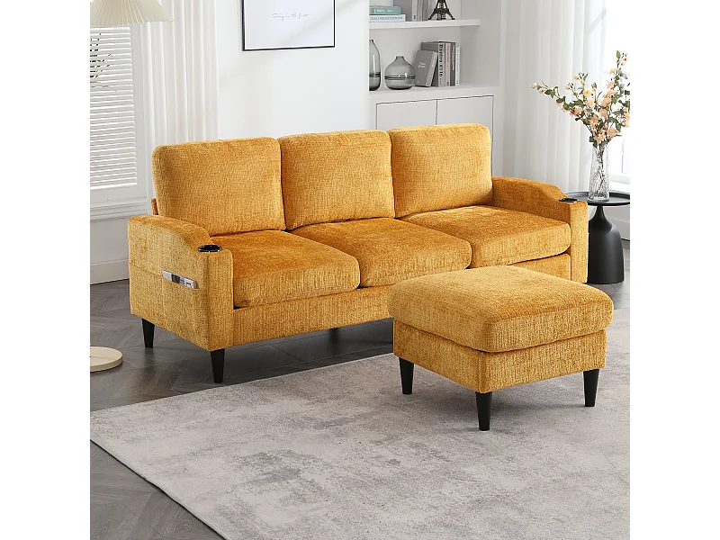 Canapé avec repose-pieds 4 places - 196.5 x 75 x 77 cm - avec rangement + accoudoirs - velours - Jaune