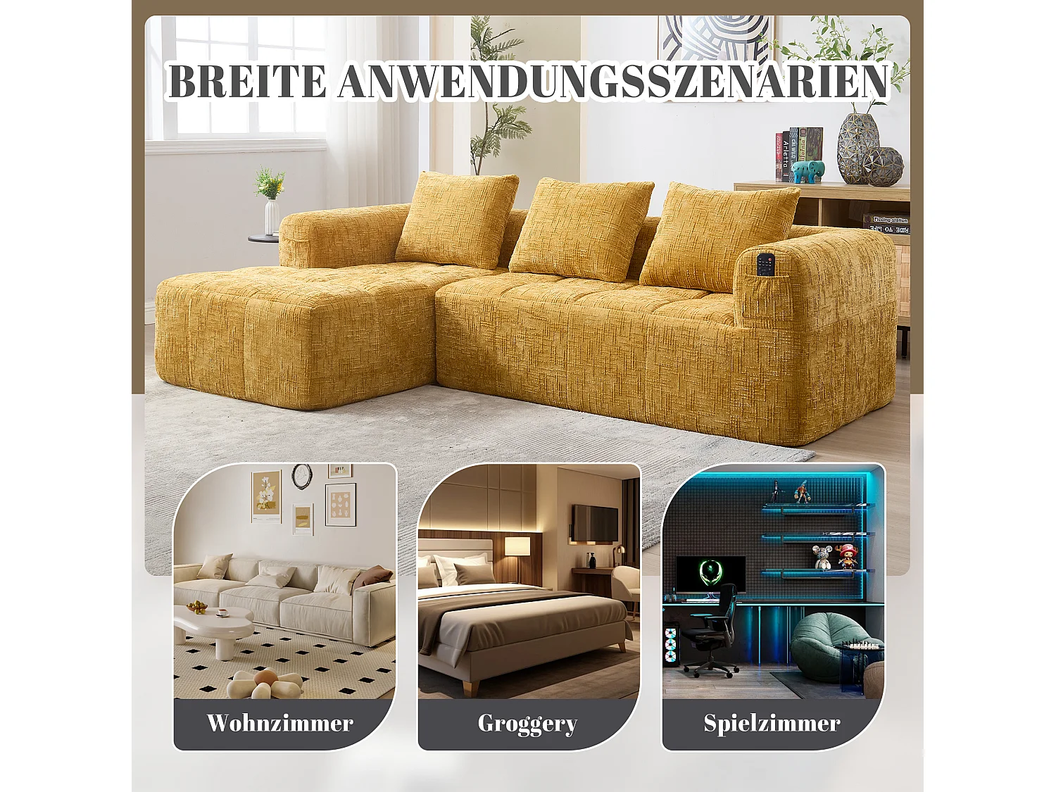 Canapé en L 3 places - 250 x 158 x 60 cm - avec méridienne + accoudoirs + 3 coussins - Chenille - jaune