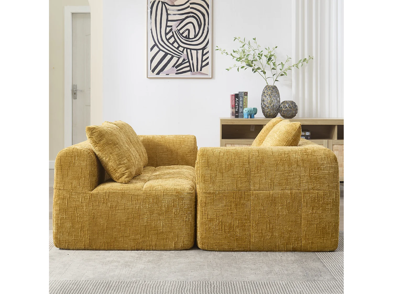 Canapé en L 3 places - 250 x 158 x 60 cm - avec méridienne + accoudoirs + 3 coussins - Chenille - jaune