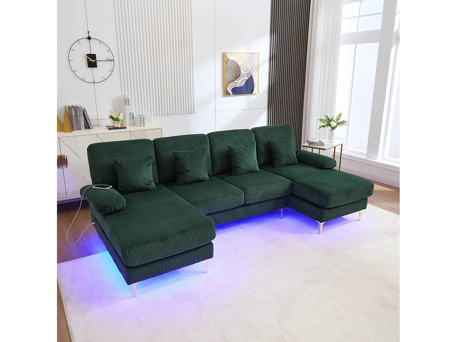 U-Sofa - 265 x 135 x 88 cm - mit LEDs + USB-C-Anschluss + 4 Kissen - Samt - grün