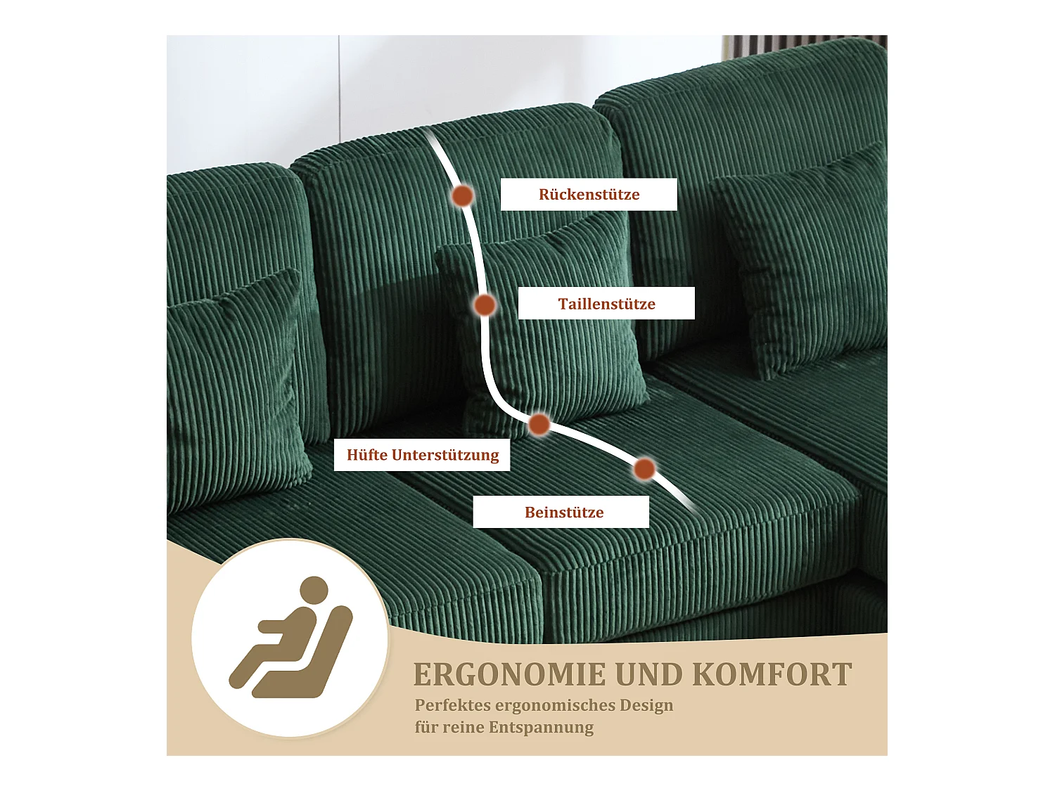 U-Sofa - 265 x 135 x 88 cm - mit LEDs + USB-C-Anschluss + 4 Kissen - Samt - grün