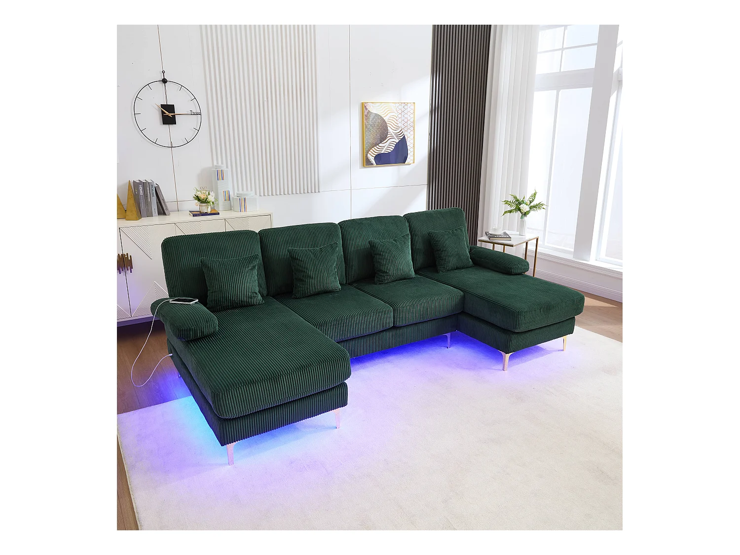 Canapé en forme de U - 265 x 135 x 88 cm - avec Leds + port USB-C + 4 coussins - velours - vert