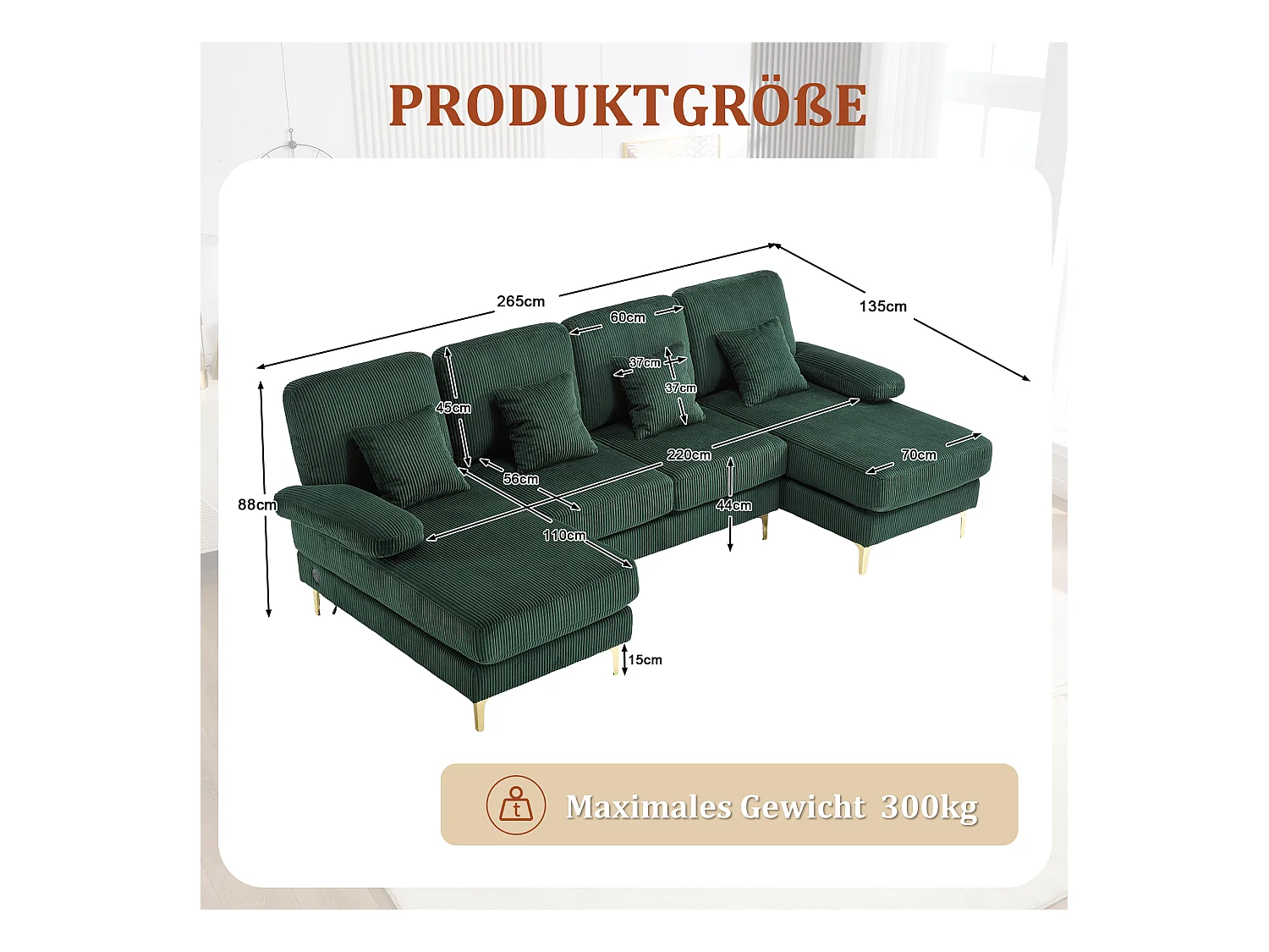 Canapé en forme de U - 265 x 135 x 88 cm - avec Leds + port USB-C + 4 coussins - velours - vert