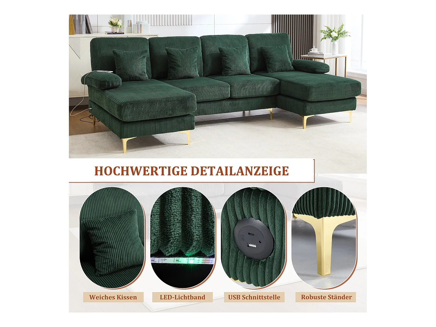 Canapé en forme de U - 265 x 135 x 88 cm - avec Leds + port USB-C + 4 coussins - velours - vert