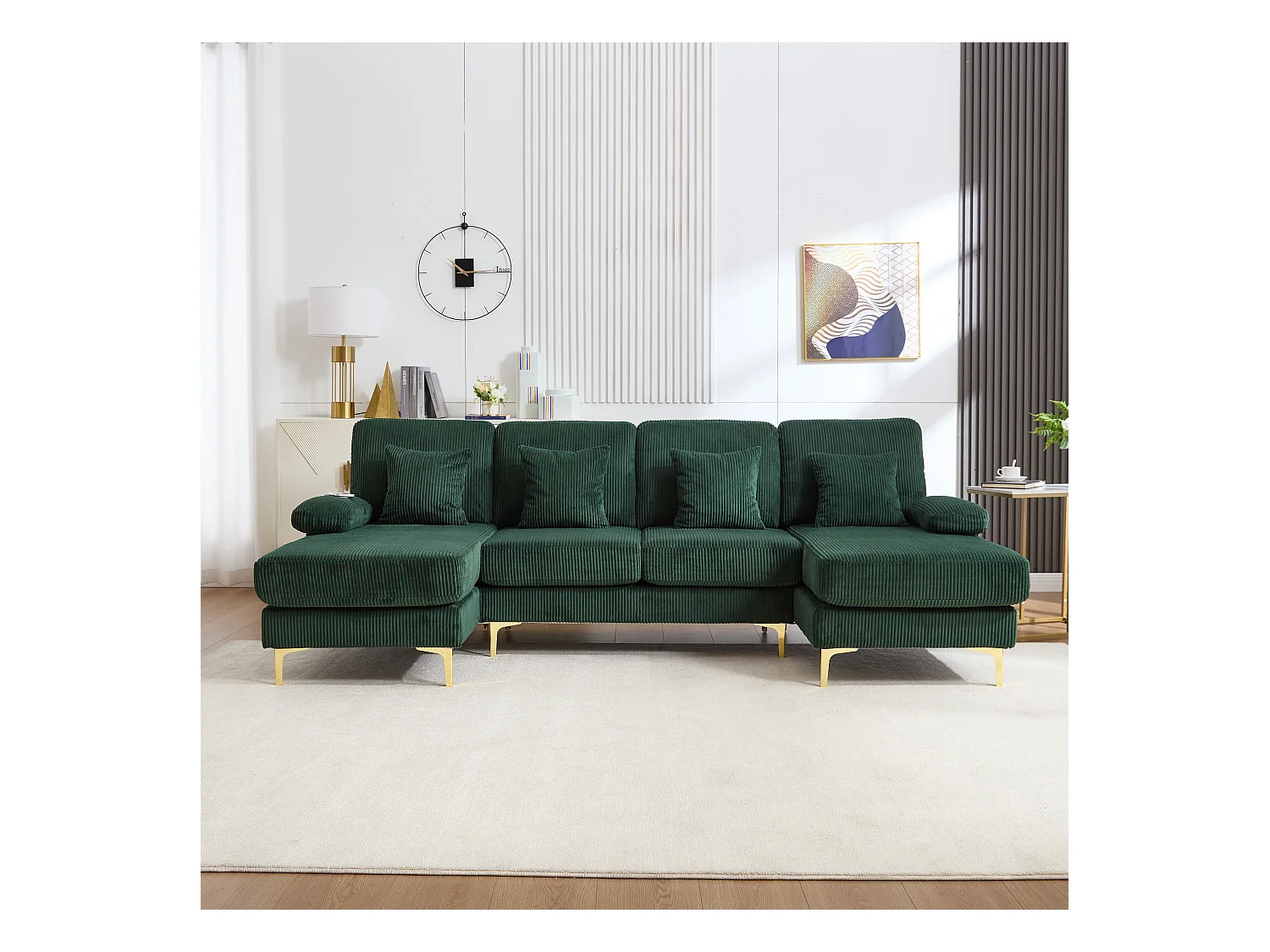 Canapé en forme de U - 265 x 135 x 88 cm - avec Leds + port USB-C + 4 coussins - velours - vert
