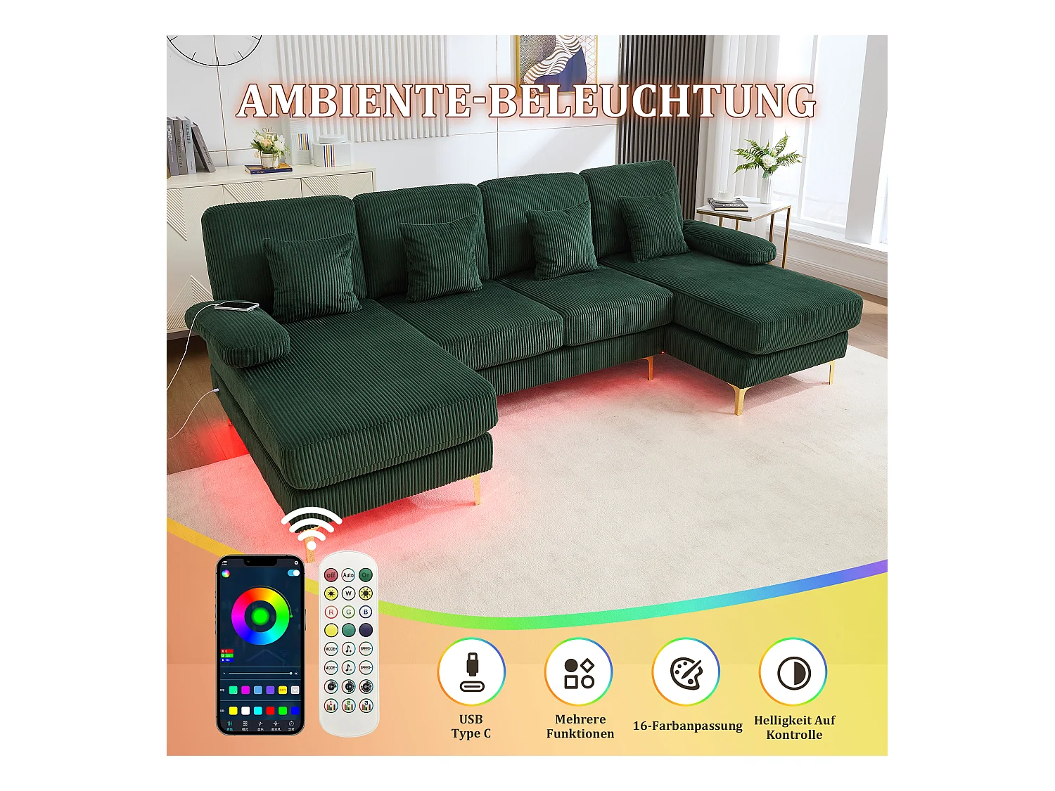 Canapé en forme de U - 265 x 135 x 88 cm - avec Leds + port USB-C + 4 coussins - velours - vert