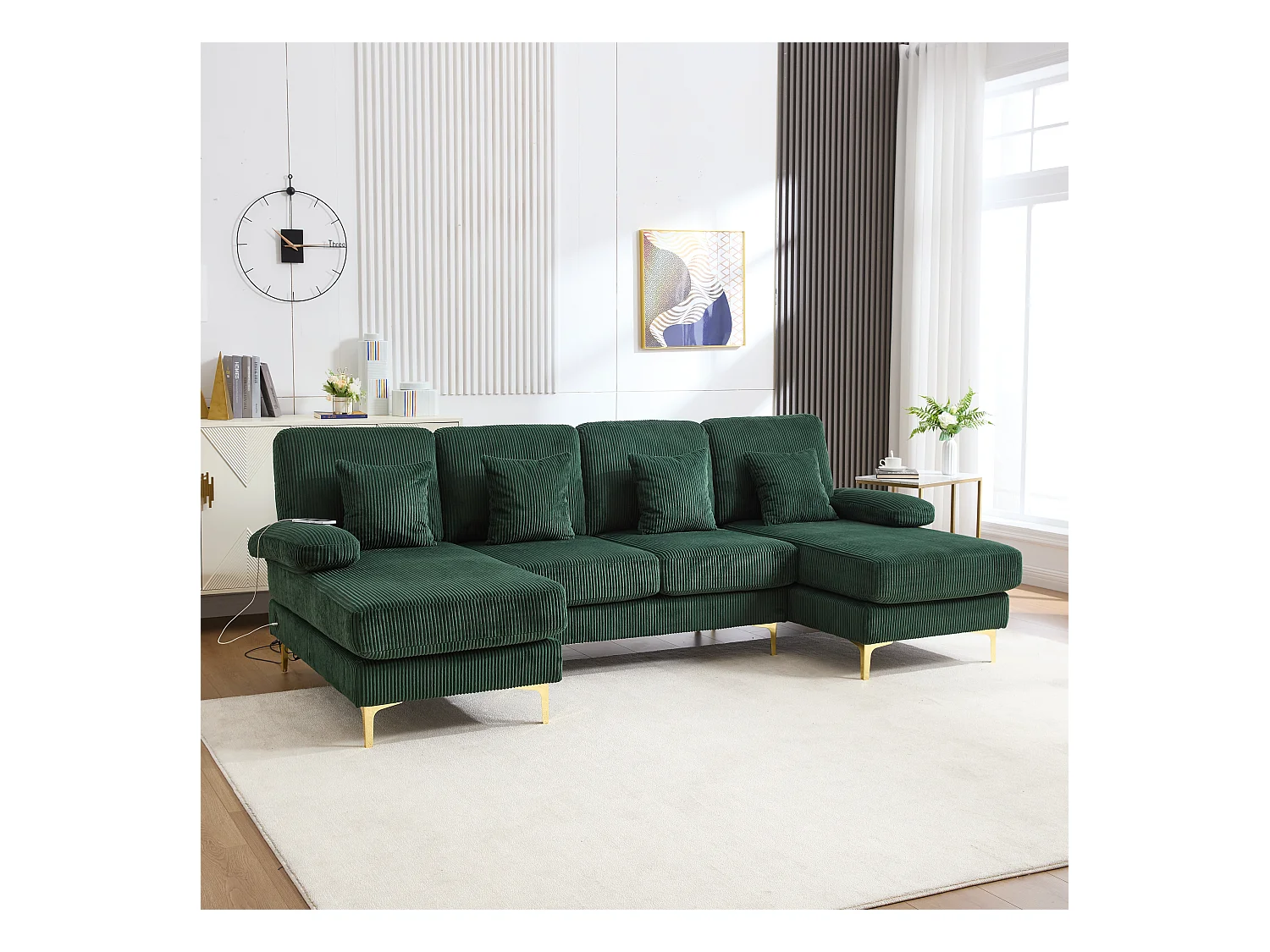 Canapé en forme de U - 265 x 135 x 88 cm - avec Leds + port USB-C + 4 coussins - velours - vert
