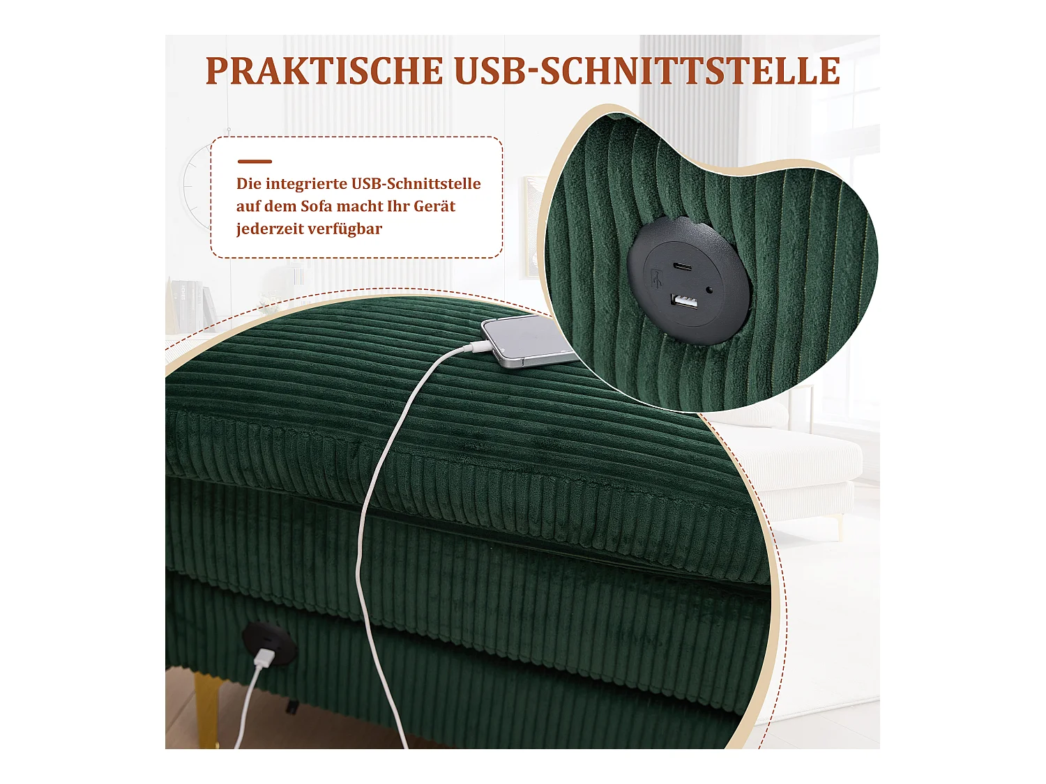 Canapé en forme de U - 265 x 135 x 88 cm - avec Leds + port USB-C + 4 coussins - velours - vert