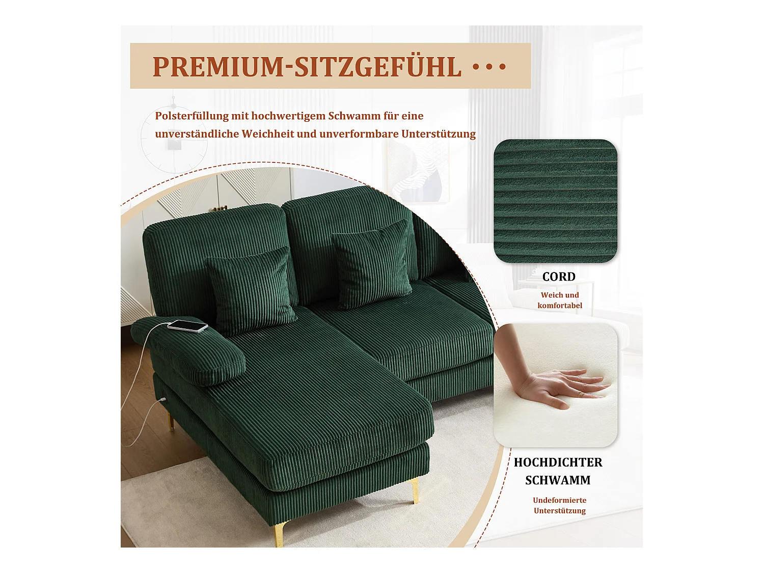 Canapé en forme de U - 265 x 135 x 88 cm - avec Leds + port USB-C + 4 coussins - velours - vert