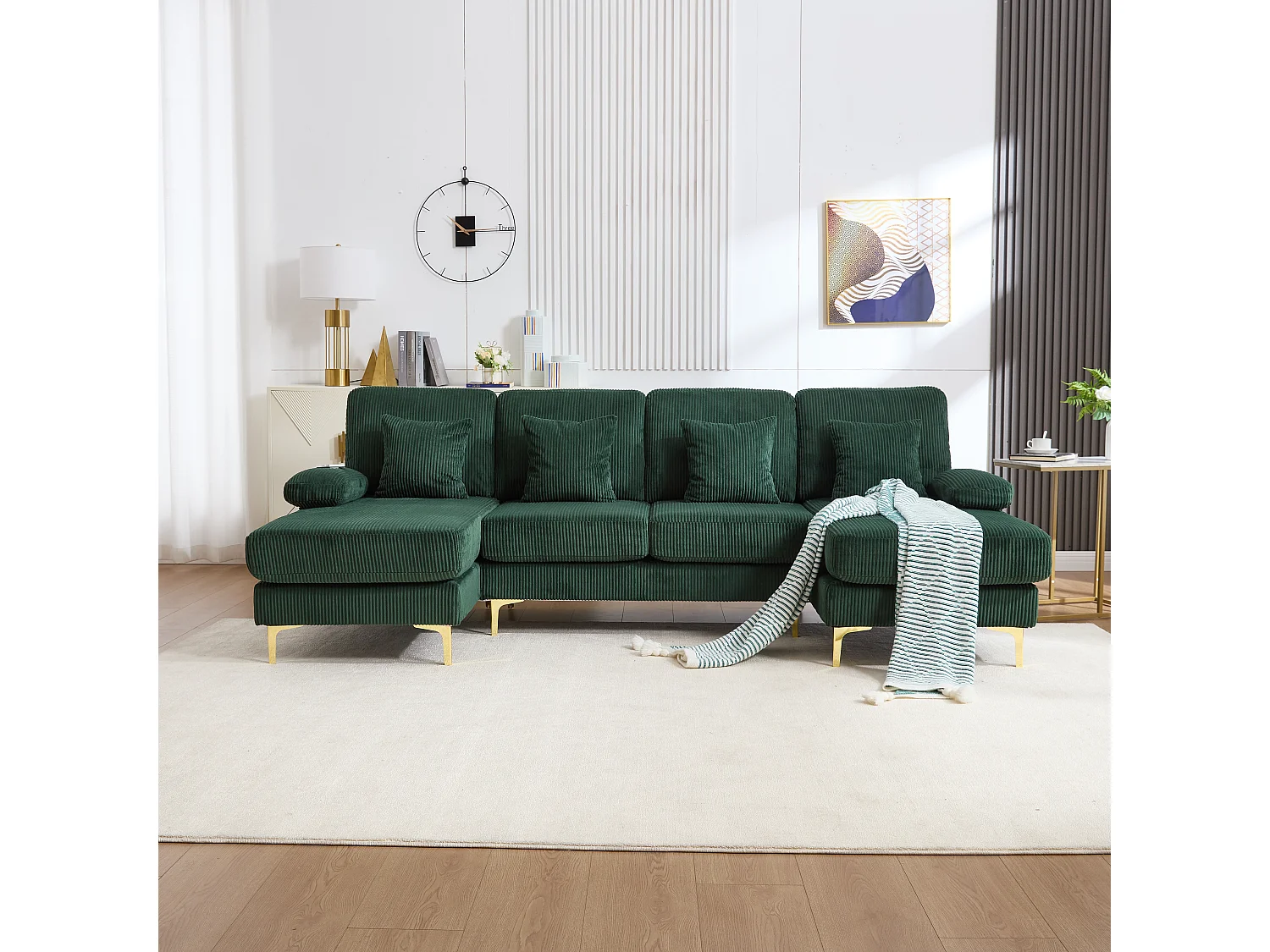 Canapé en forme de U - 265 x 135 x 88 cm - avec Leds + port USB-C + 4 coussins - velours - vert