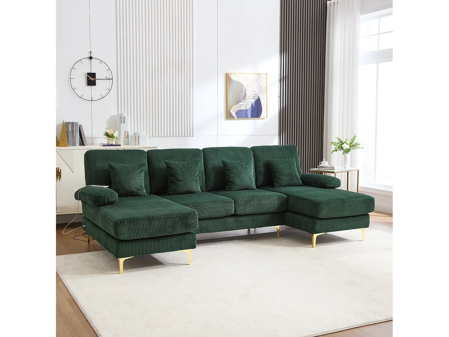 Canapé en forme de U - 265 x 135 x 88 cm - avec Leds + port USB-C + 4 coussins - velours - vert