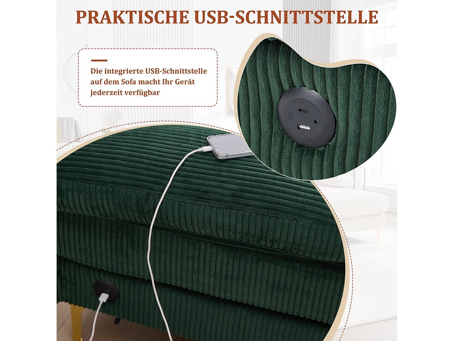 Canapé en forme de U - 265 x 135 x 88 cm - avec Leds + port USB-C + 4 coussins - velours - vert