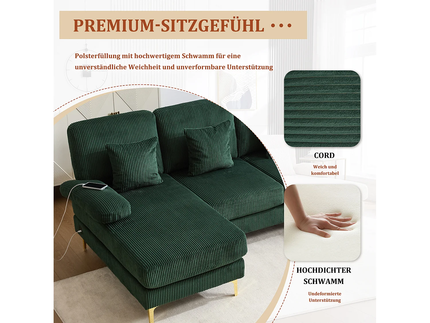 Canapé en forme de U - 265 x 135 x 88 cm - avec Leds + port USB-C + 4 coussins - velours - vert