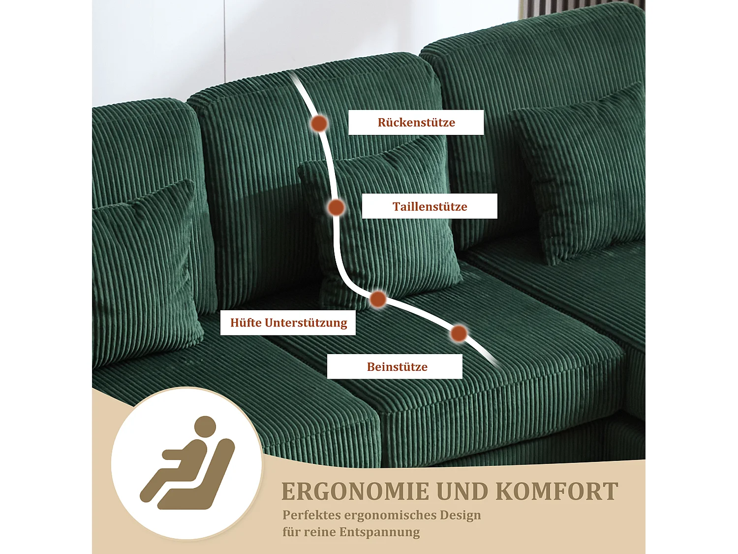 Canapé en forme de U - 265 x 135 x 88 cm - avec Leds + port USB-C + 4 coussins - velours - vert