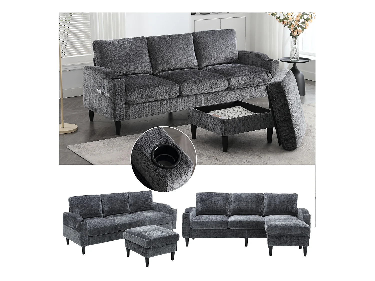 Canapé avec repose-pieds 4 places - 196.5 x 75 x 77 cm - avec rangement + accoudoirs - velours - gris
