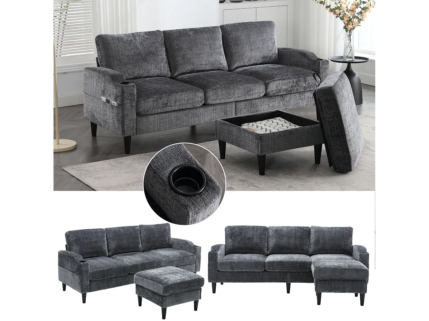 Sofa 4-osobowa z podnóżkiem - 196,5 x 75 x 77 cm - ze schowkiem + podłokietniki - aksamit - szara