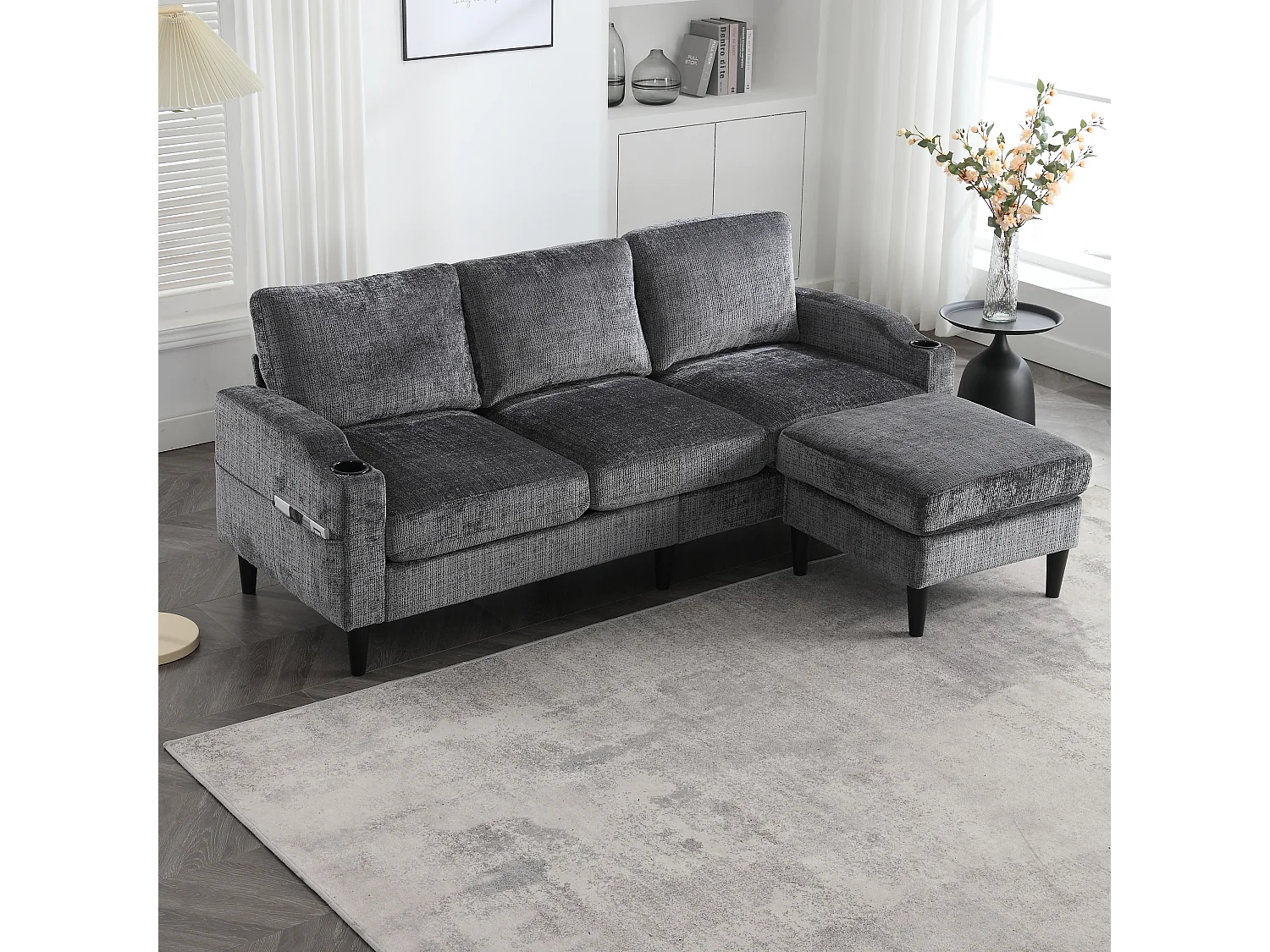 Sofa 4-osobowa z podnóżkiem - 196,5 x 75 x 77 cm - ze schowkiem + podłokietniki - aksamit - szara