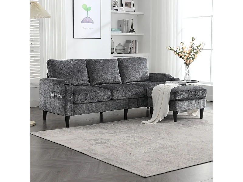 Canapé avec repose-pieds 4 places - 196.5 x 75 x 77 cm - avec rangement + accoudoirs - velours - gris