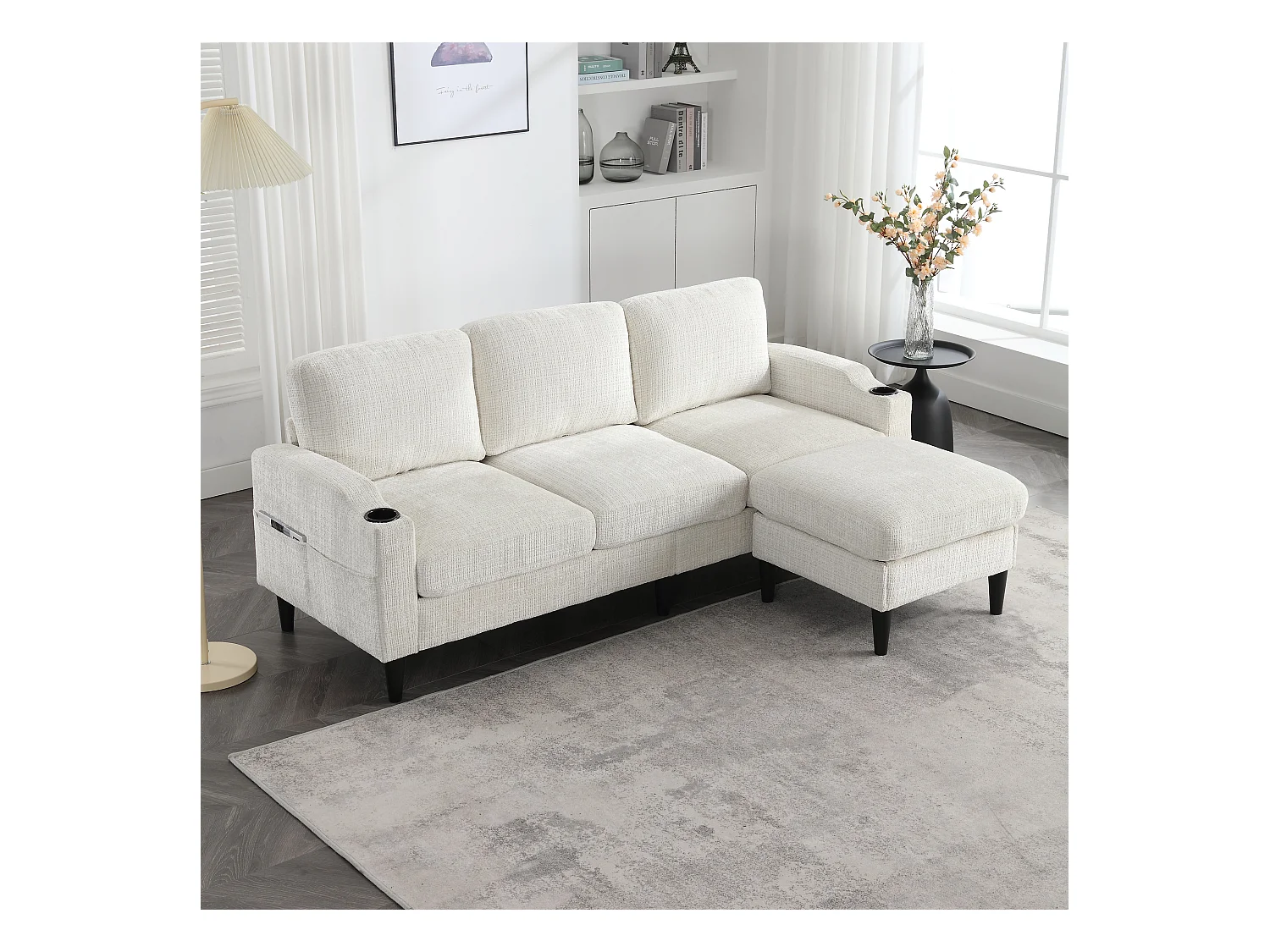 Canapé avec repose-pieds 4 places - 196.5 x 75 x 77 cm - avec rangement + accoudoirs - velours - beige