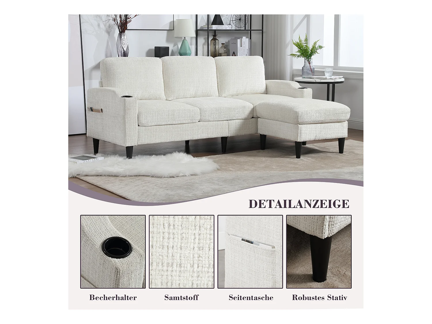 Canapé avec repose-pieds 4 places - 196.5 x 75 x 77 cm - avec rangement + accoudoirs - velours - beige