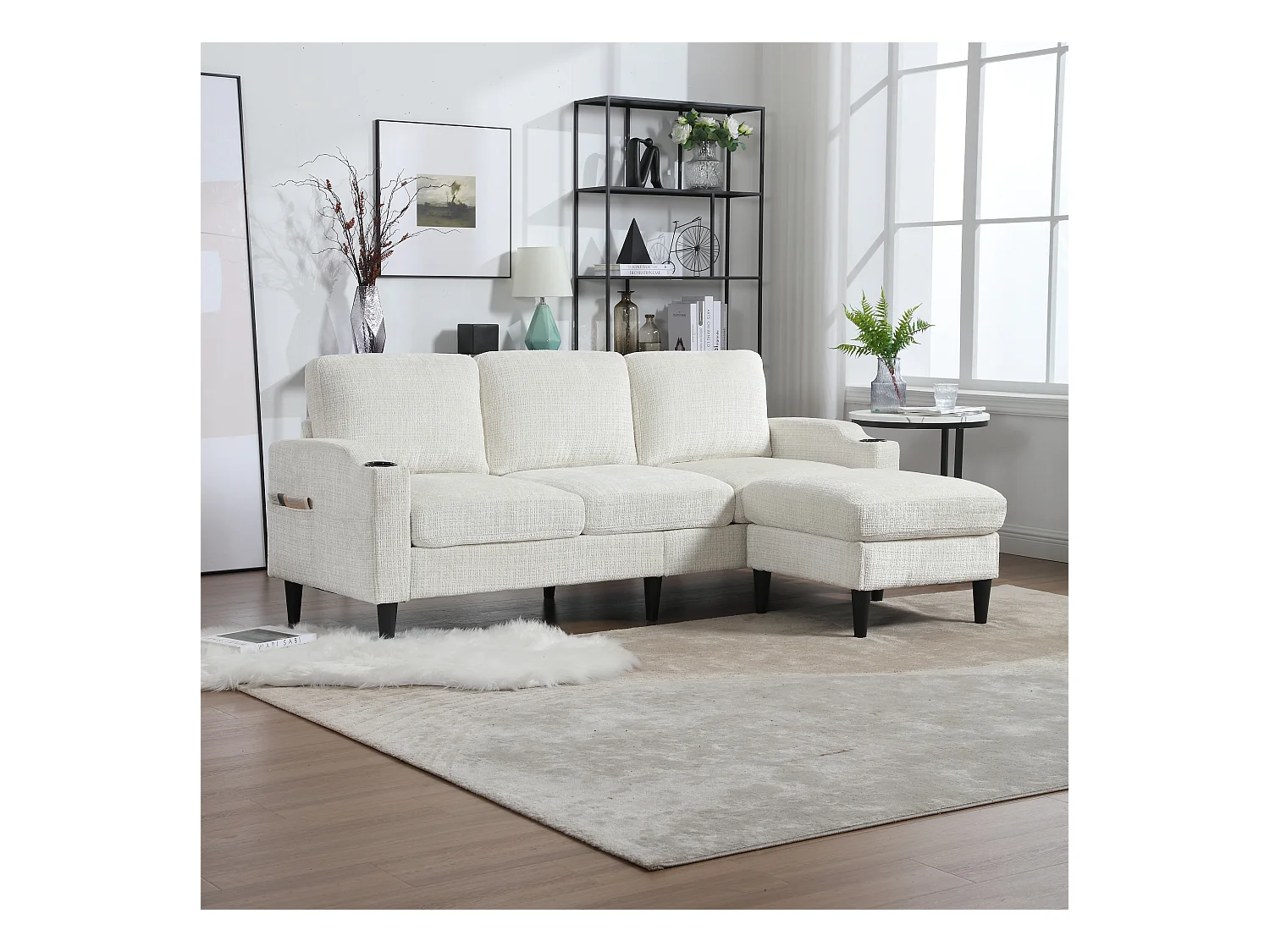 Canapé avec repose-pieds 4 places - 196.5 x 75 x 77 cm - avec rangement + accoudoirs - velours - beige