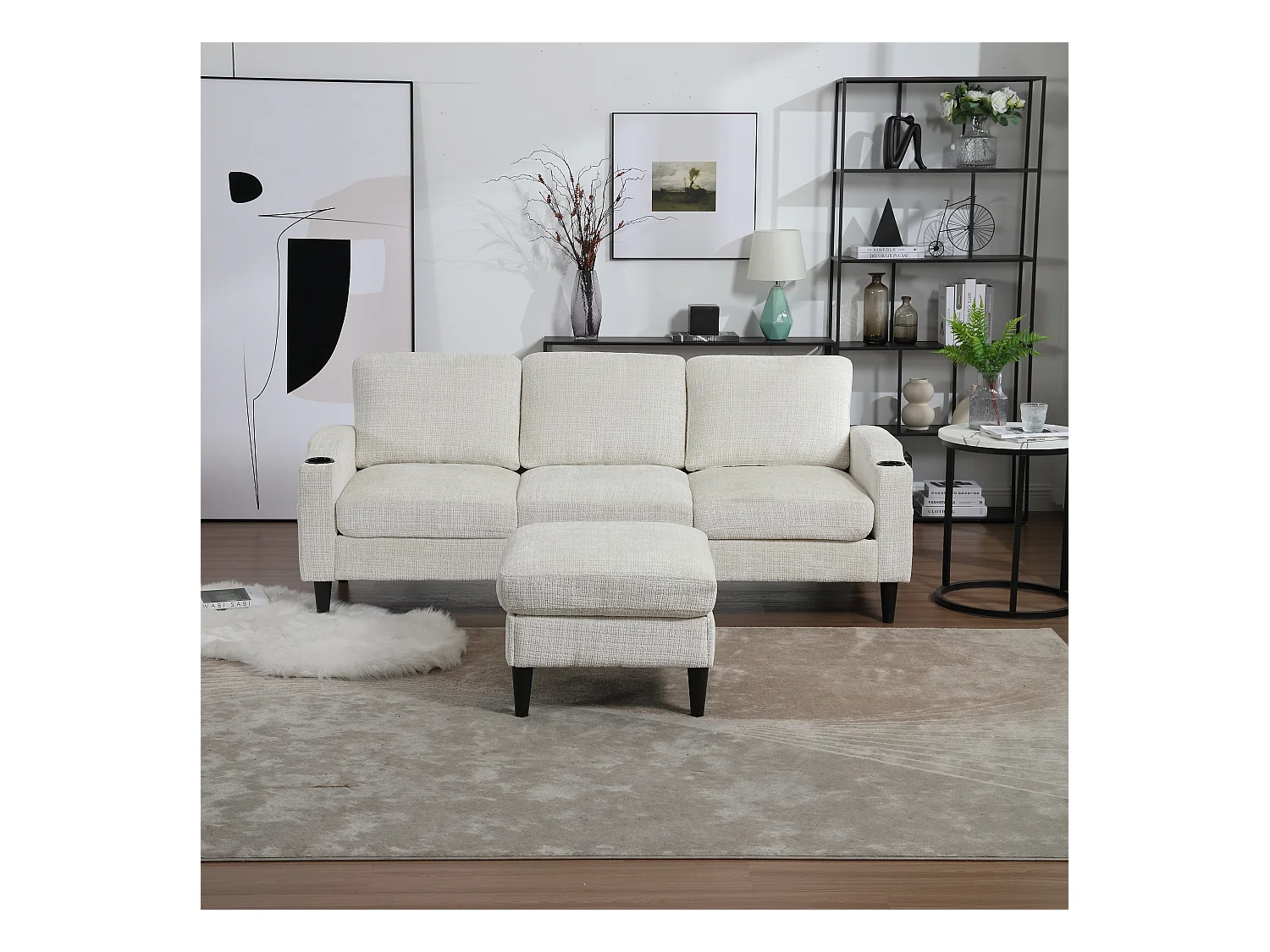 Canapé avec repose-pieds 4 places - 196.5 x 75 x 77 cm - avec rangement + accoudoirs - velours - beige