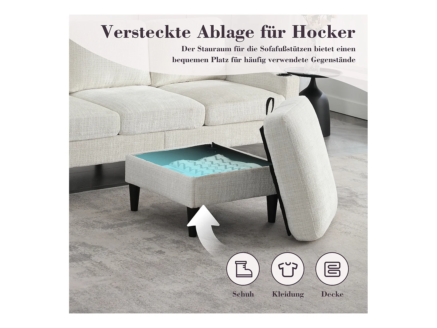 Canapé avec repose-pieds 4 places - 196.5 x 75 x 77 cm - avec rangement + accoudoirs - velours - beige