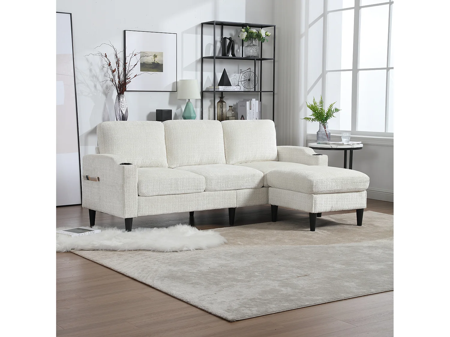 Canapé avec repose-pieds 4 places - 196.5 x 75 x 77 cm - avec rangement + accoudoirs - velours - beige