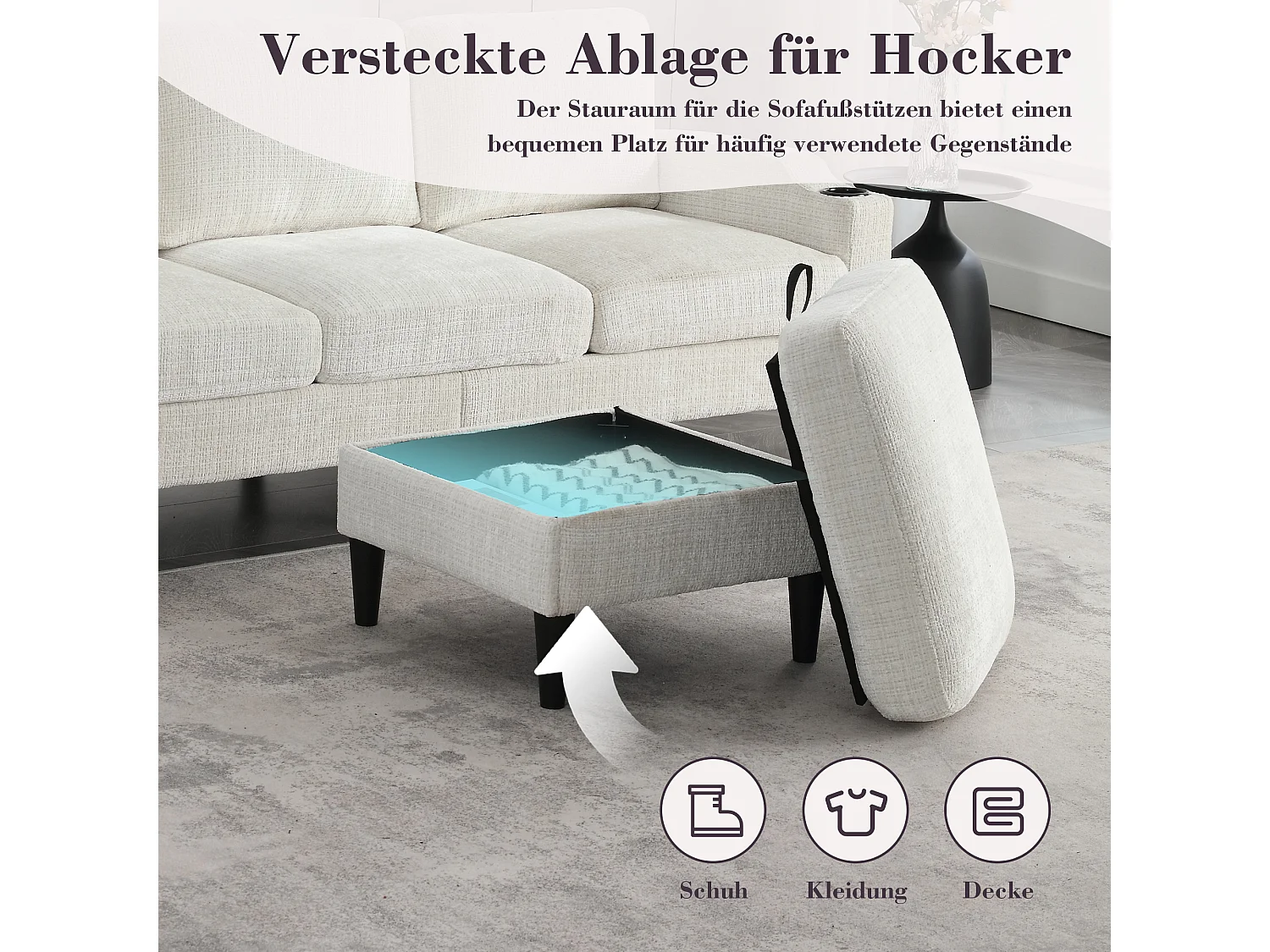 Canapé avec repose-pieds 4 places - 196.5 x 75 x 77 cm - avec rangement + accoudoirs - velours - beige