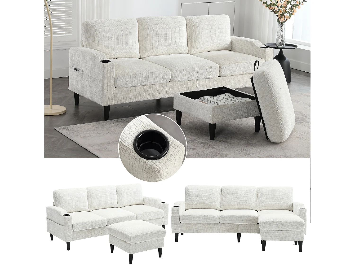 Canapé avec repose-pieds 4 places - 196.5 x 75 x 77 cm - avec rangement + accoudoirs - velours - beige