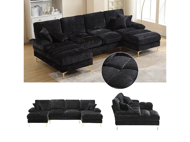 Moderne U-vormige bank - 272 x 136 x 88 cm - met 2 verstelbare stoelen voor woonkamer/slaapkamer - Chenille - zwart