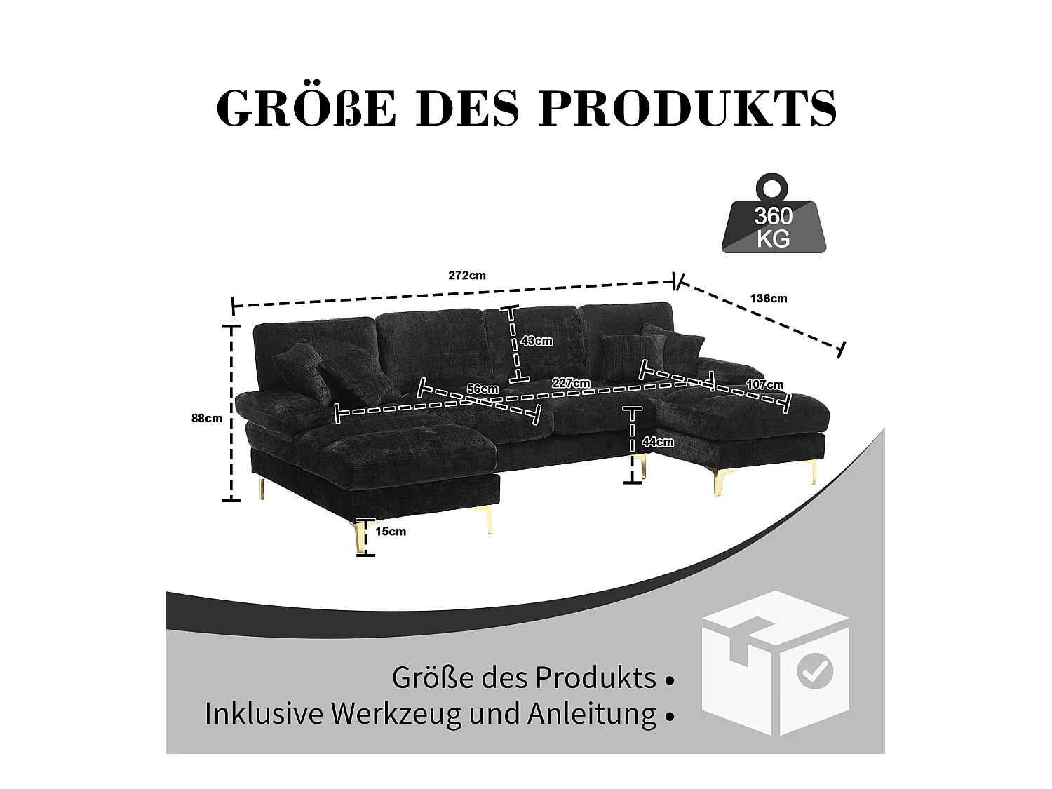 Canapé moderne en U - 272 x 136 x 88 cm - avec 2 sièges inclinables pour salon chambre - Chenille - noir