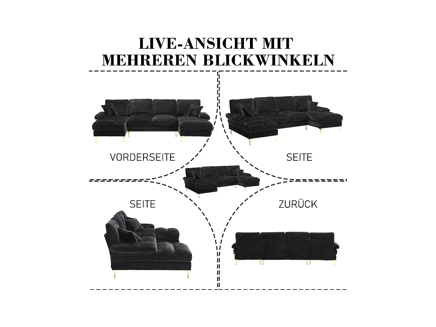 Canapé moderne en U - 272 x 136 x 88 cm - avec 2 sièges inclinables pour salon chambre - Chenille - noir