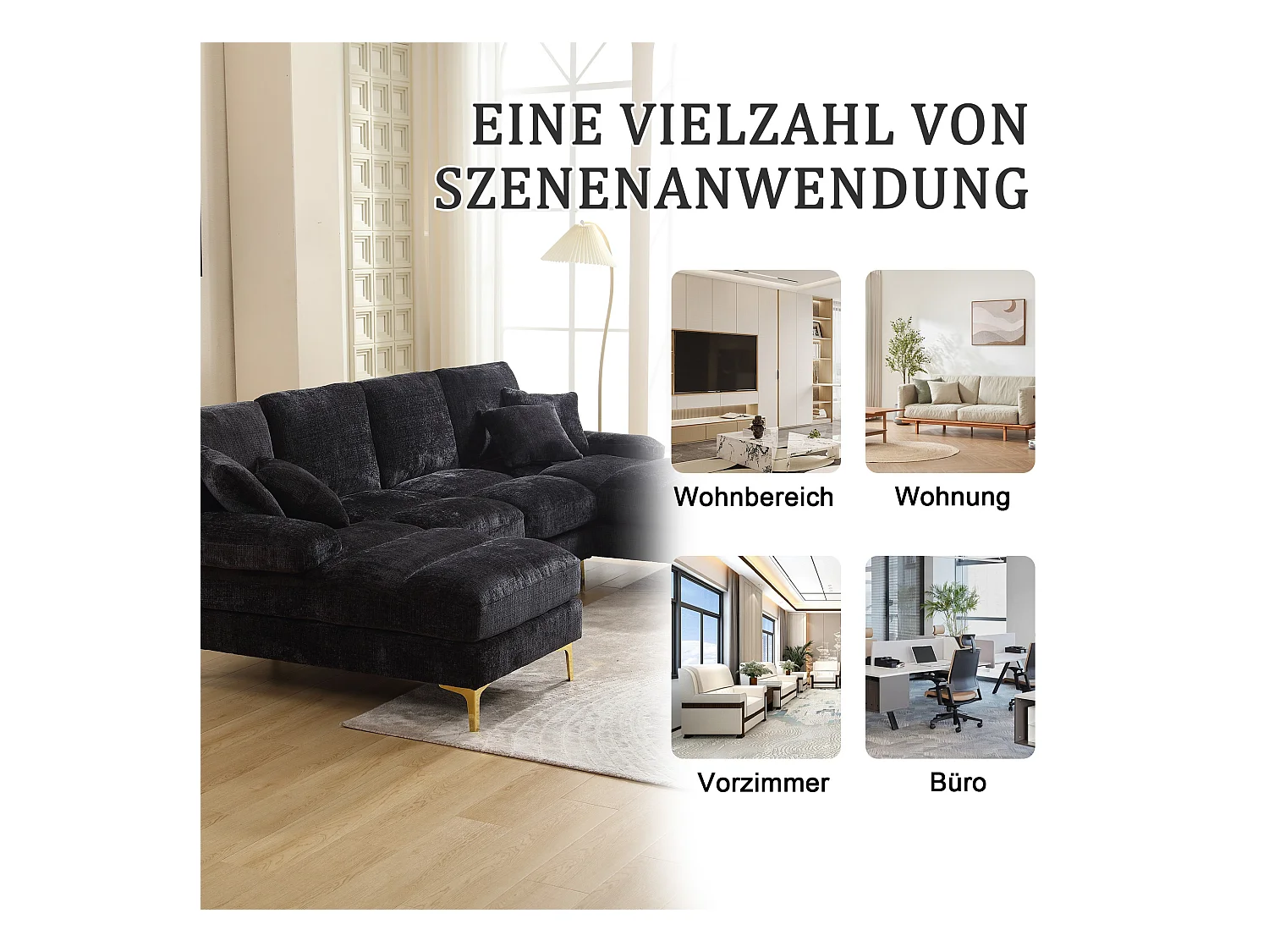 Canapé moderne en U - 272 x 136 x 88 cm - avec 2 sièges inclinables pour salon chambre - Chenille - noir