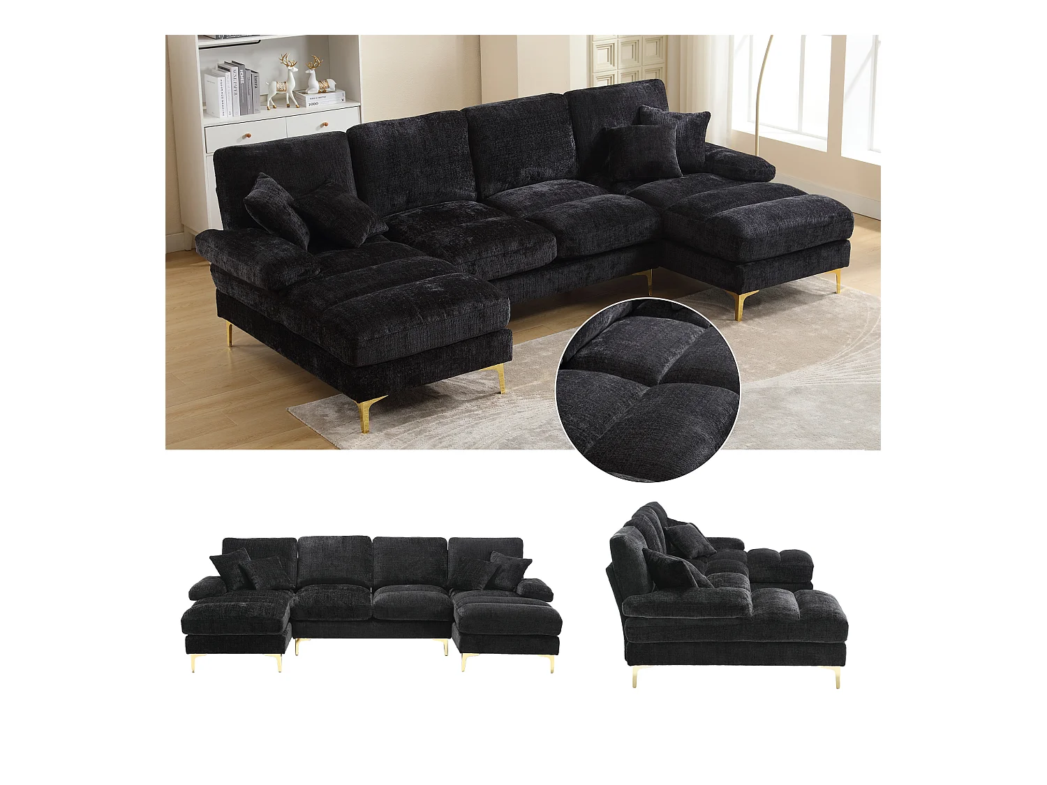 Canapé moderne en U - 272 x 136 x 88 cm - avec 2 sièges inclinables pour salon chambre - Chenille - noir