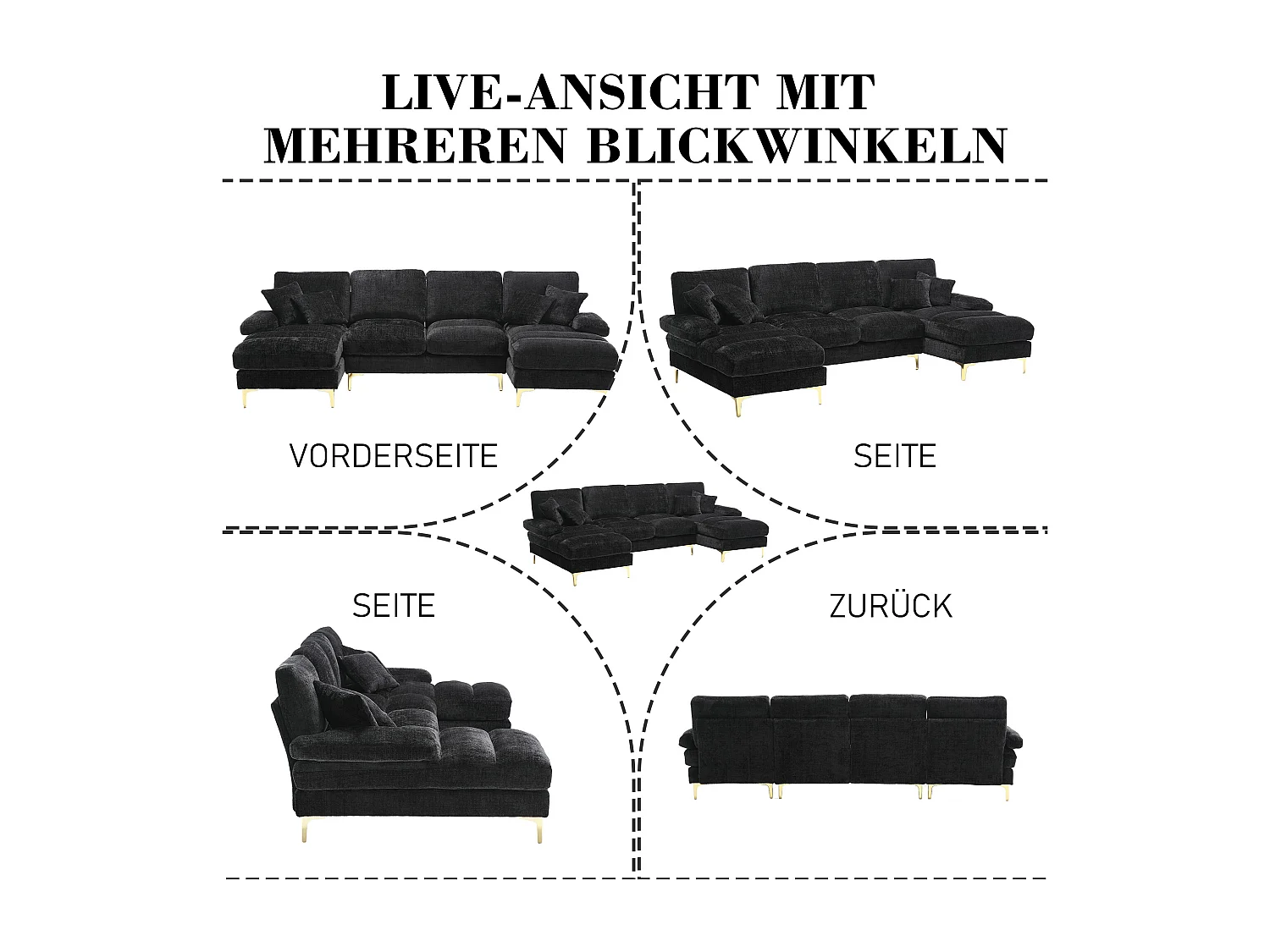 Canapé moderne en U - 272 x 136 x 88 cm - avec 2 sièges inclinables pour salon chambre - Chenille - noir