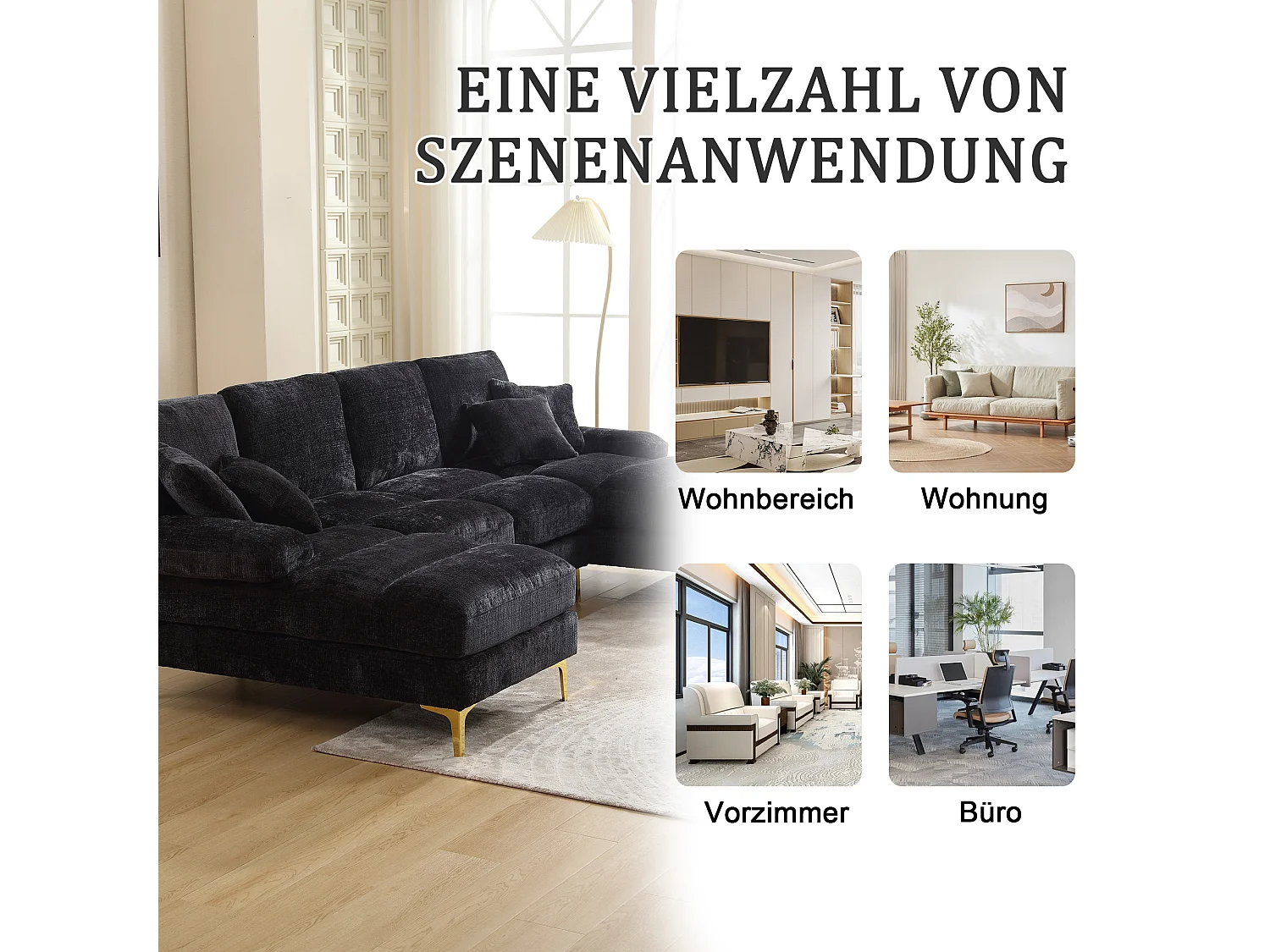 Canapé moderne en U - 272 x 136 x 88 cm - avec 2 sièges inclinables pour salon chambre - Chenille - noir