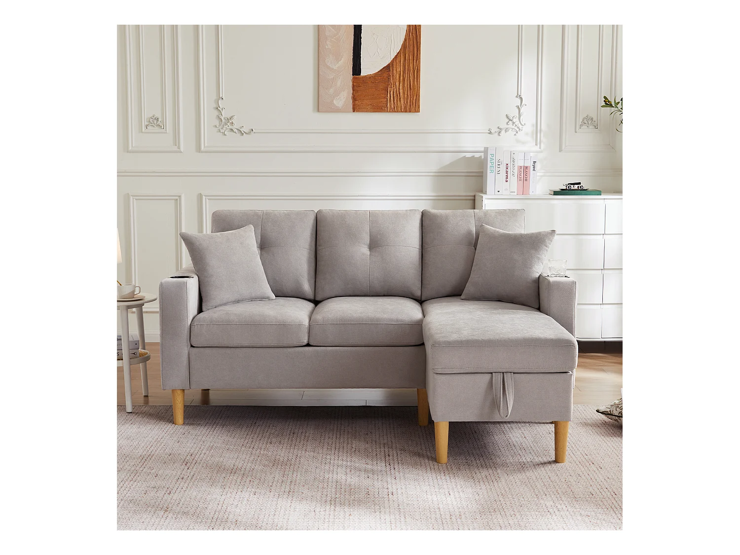 Canapé 3 places avec méridienne - 175 x 129 x 90 cm - avec rangement + 2 oreillers - coton + lin - gris clair