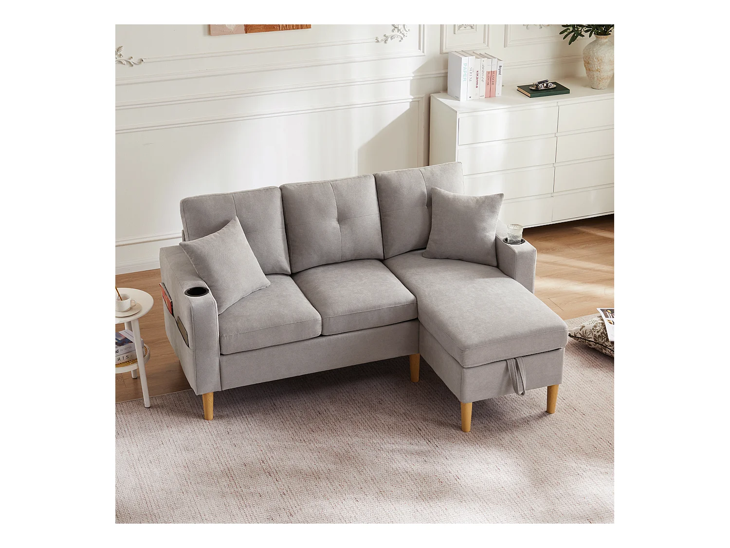 Canapé 3 places avec méridienne - 175 x 129 x 90 cm - avec rangement + 2 oreillers - coton + lin - gris clair