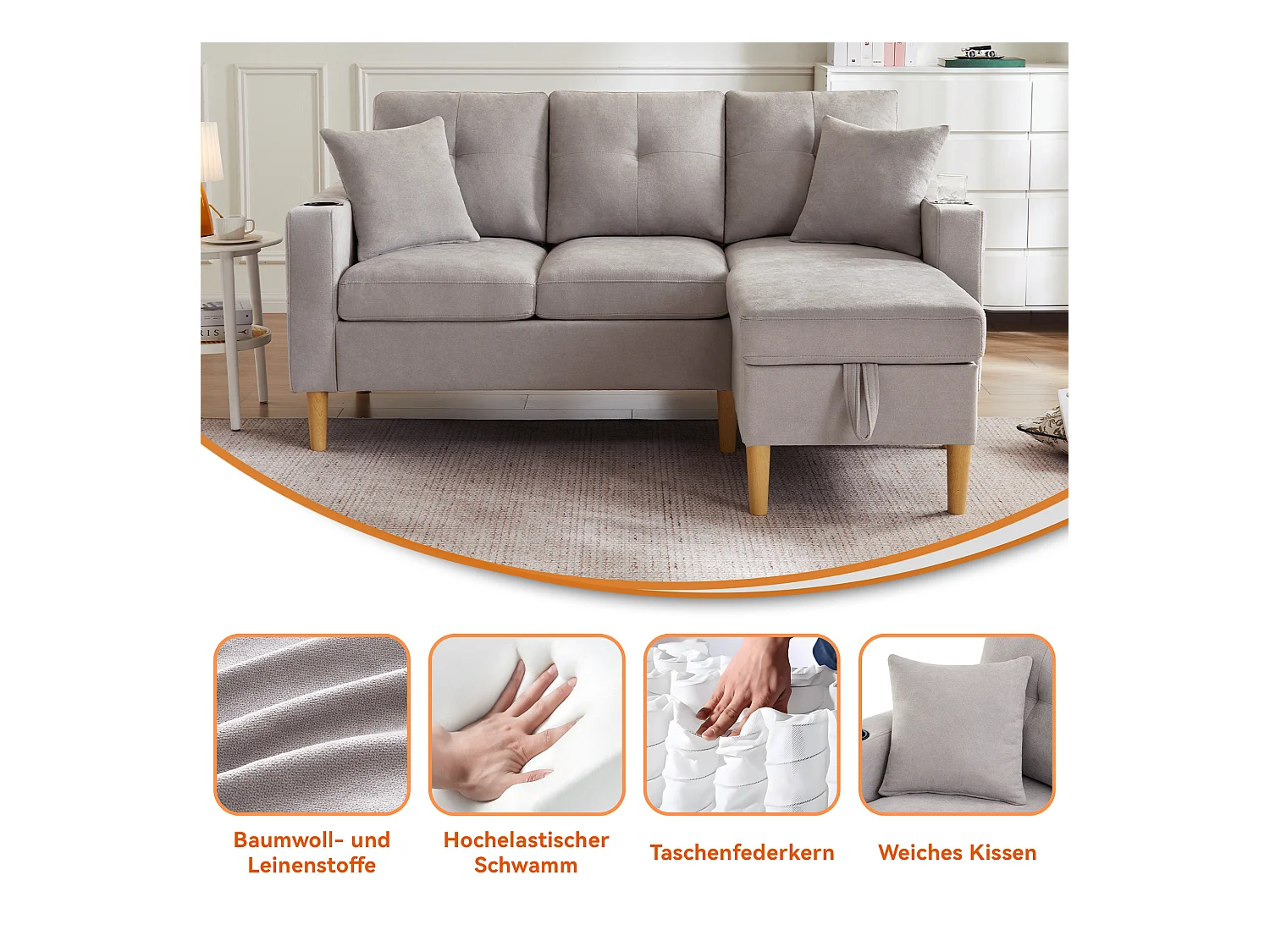 Canapé 3 places avec méridienne - 175 x 129 x 90 cm - avec rangement + 2 oreillers - coton + lin - gris clair