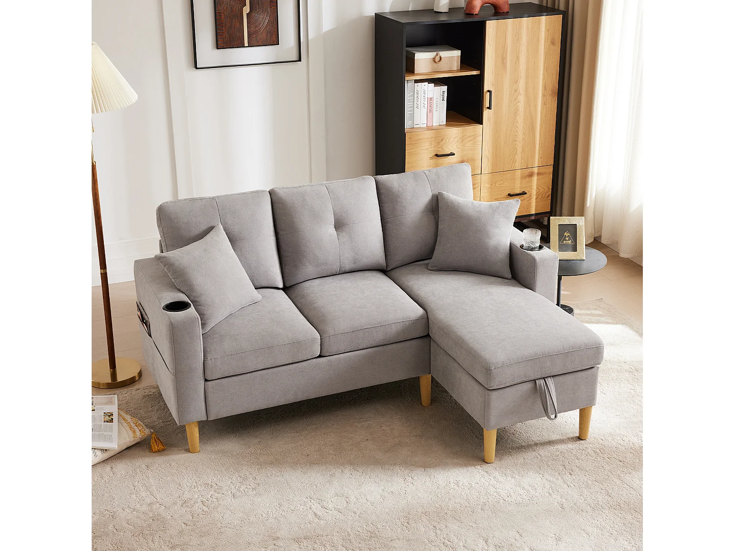 Canapé 3 places avec méridienne - 175 x 129 x 90 cm - avec rangement + 2 oreillers - coton + lin - gris clair