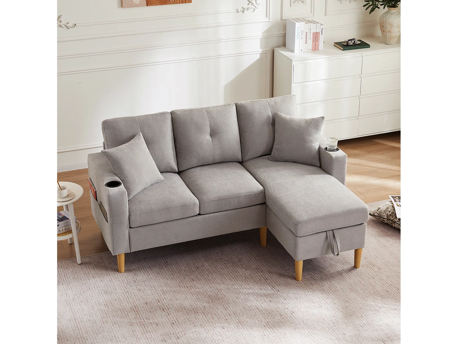 Canapé 3 places avec méridienne - 175 x 129 x 90 cm - avec rangement + 2 oreillers - coton + lin - gris clair