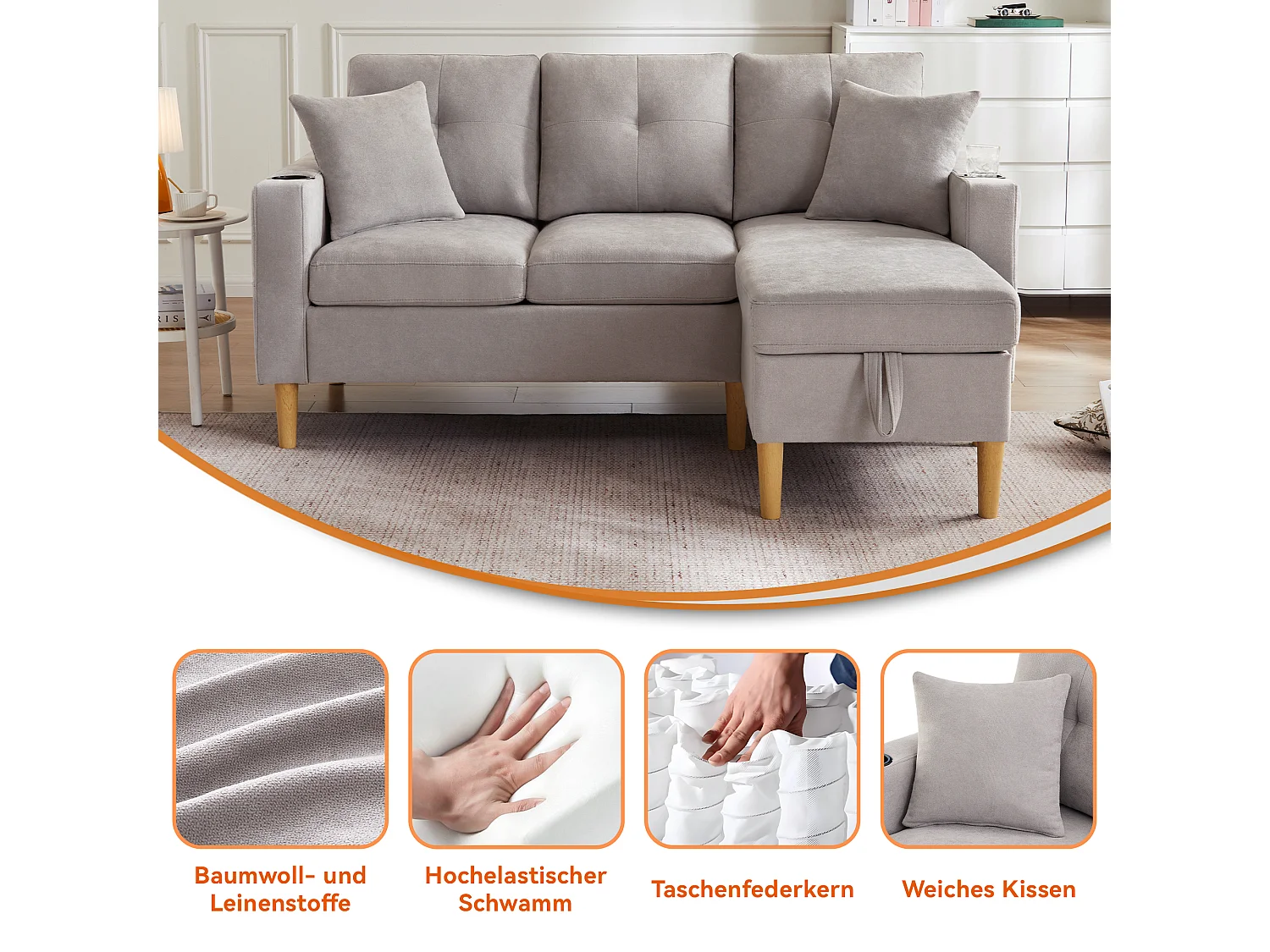 Canapé 3 places avec méridienne - 175 x 129 x 90 cm - avec rangement + 2 oreillers - coton + lin - gris clair