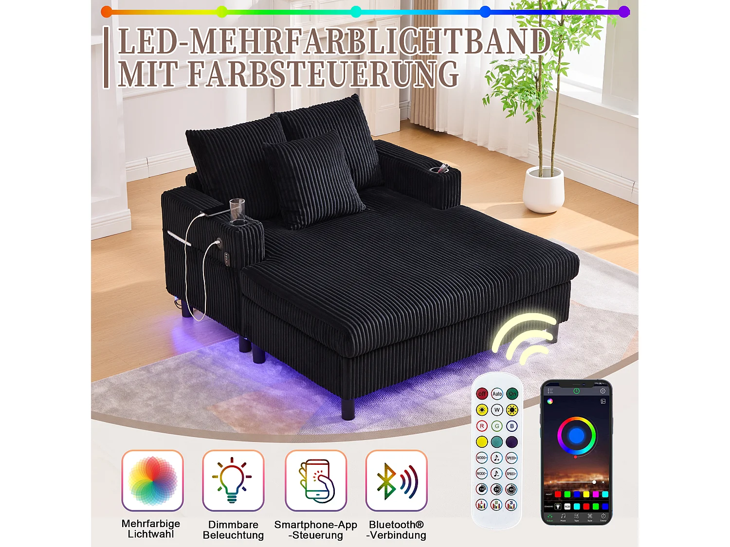 Canapé couchage 3 places - 142 x 128 x 85 cm - avec porte-gobelets + ports USB + Leds - velours - noir