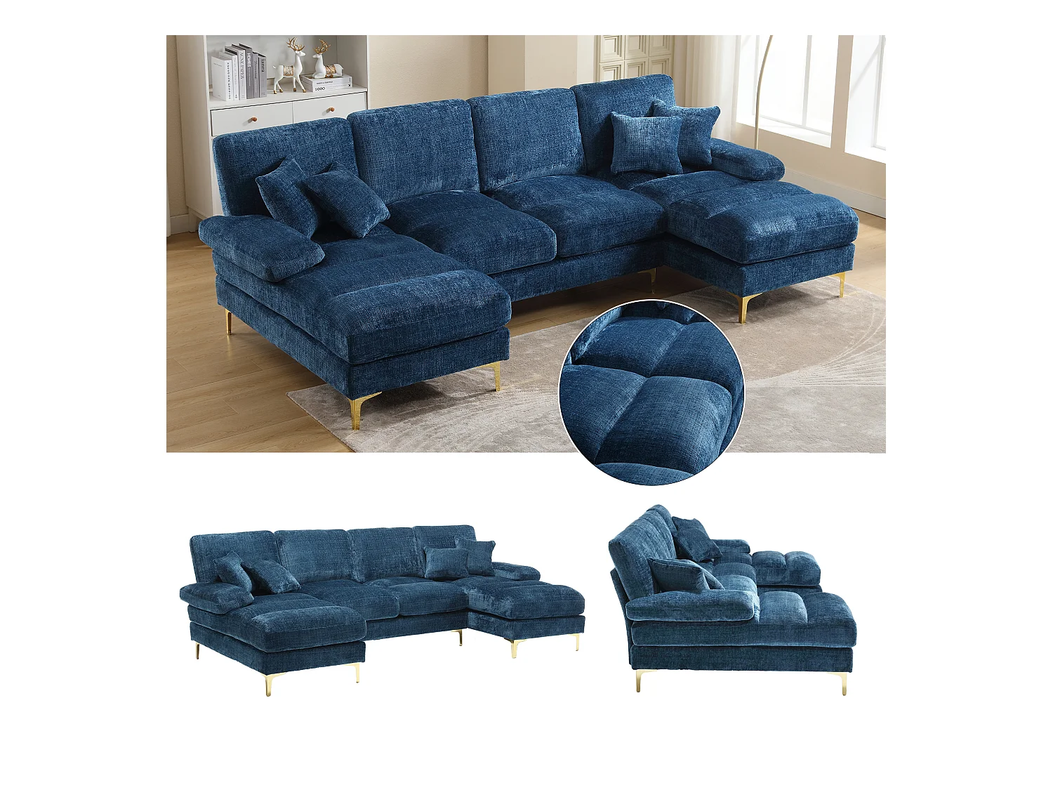 Canapé moderne en U - 272 x 136 x 88 cm - avec 2 sièges inclinables pour salon chambre - Chenille - bleu