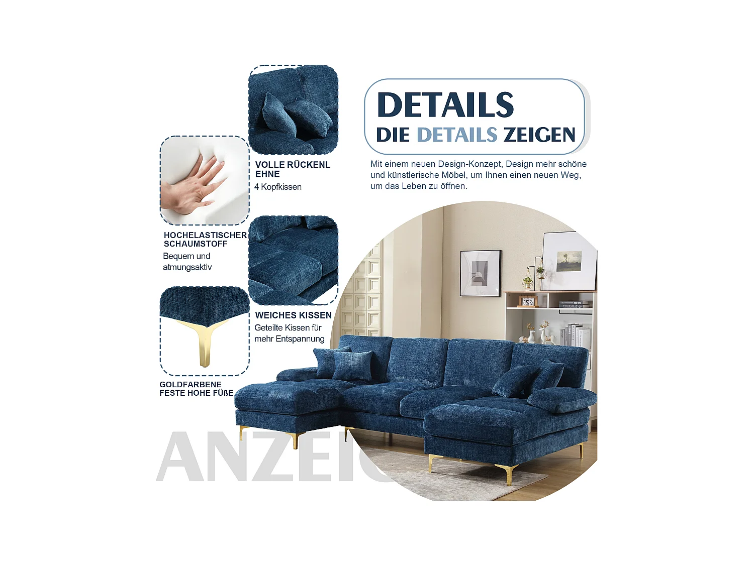 Canapé moderne en U - 272 x 136 x 88 cm - avec 2 sièges inclinables pour salon chambre - Chenille - bleu