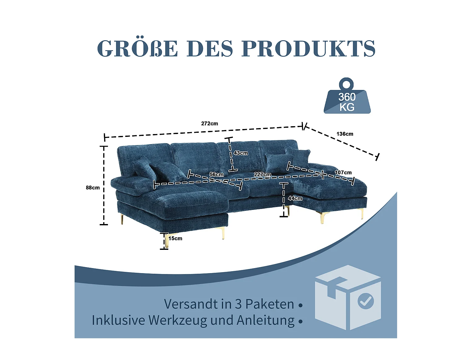 Canapé moderne en U - 272 x 136 x 88 cm - avec 2 sièges inclinables pour salon chambre - Chenille - bleu