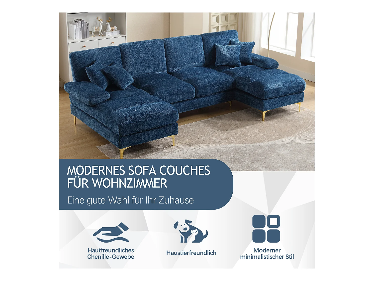 Canapé moderne en U - 272 x 136 x 88 cm - avec 2 sièges inclinables pour salon chambre - Chenille - bleu
