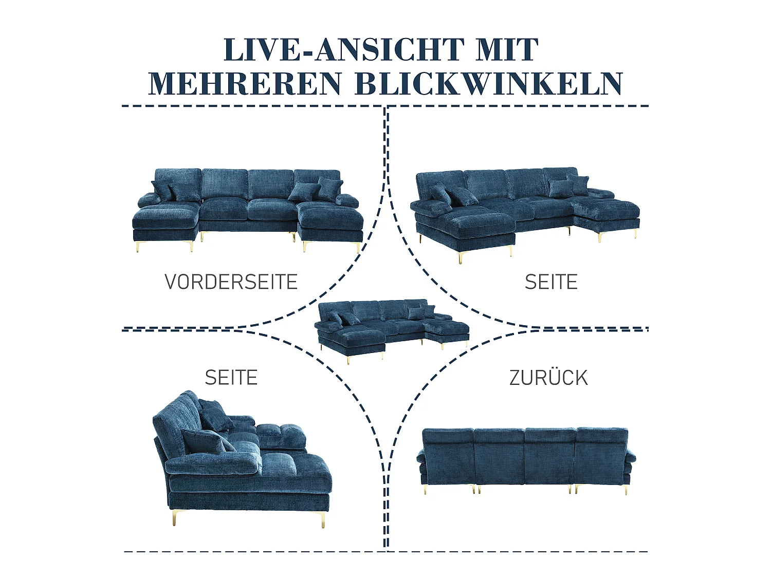 Canapé moderne en U - 272 x 136 x 88 cm - avec 2 sièges inclinables pour salon chambre - Chenille - bleu