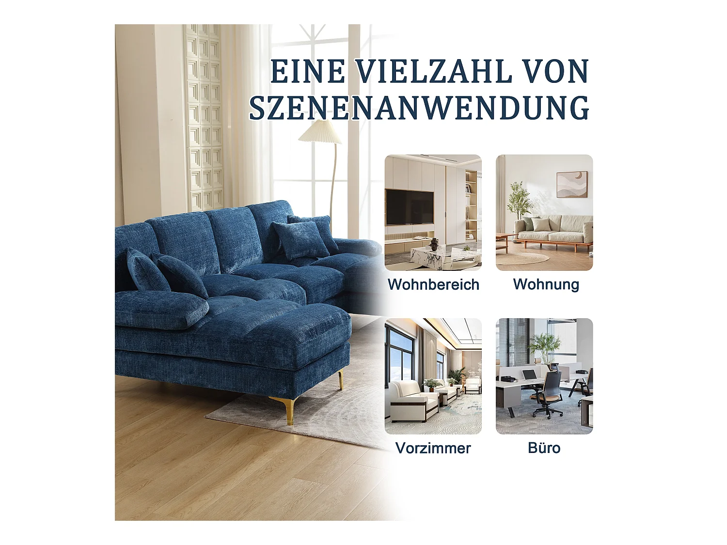 Canapé moderne en U - 272 x 136 x 88 cm - avec 2 sièges inclinables pour salon chambre - Chenille - bleu